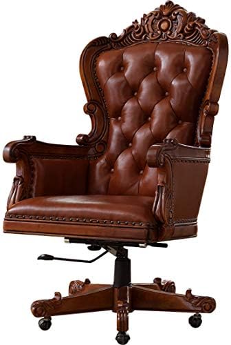 RONGJJJQ Engraving Office Executive Swivel Chair High Back Large Seat Computer Chair Padded Executive Leather Office Chair High Back Home Office Chair Flip-up Thick Art, Brown