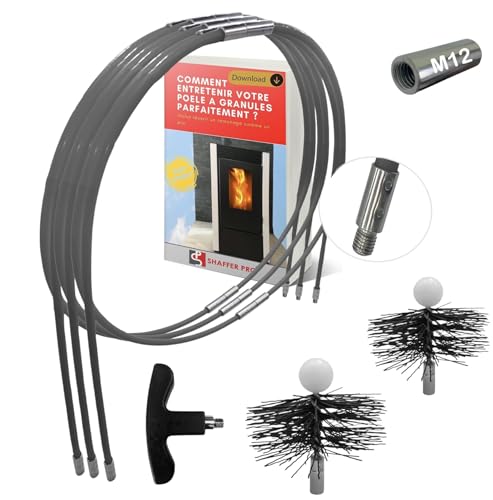 SHAFFER PRO - Kaminreinigungsset Pellet 9 Meter – Igel Schornsteinfeger 80 mm 100 mm Easyflex [kostenloses E-Book zum Download für Pelletofen Pellets Granulat] 15 flexible Reinigungsrohre, Adapter M12
