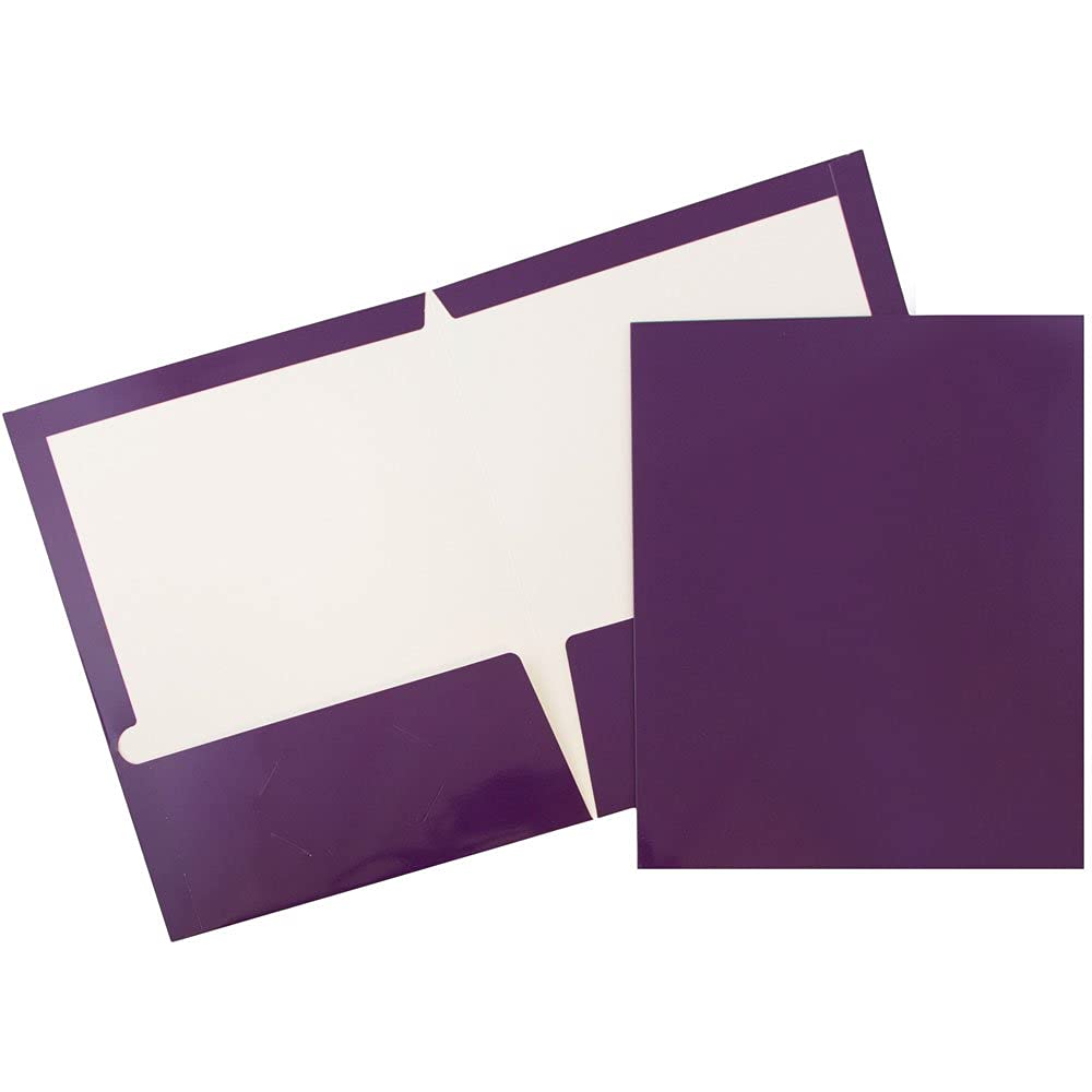 JAM PAPER Laminated Two Pocket Glossy Folders - Purple - 6/Pack