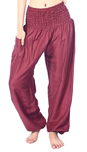 Boho Vib Women’s Rayon Print Smocked Waist Boho Harem Yoga Pants (L/XL, Solid Burgundy)