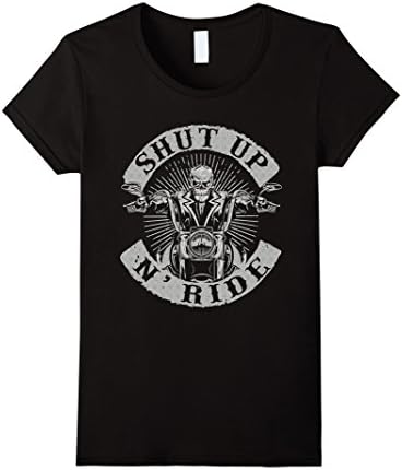 Womens Shut Up N Ride Skeleton Biker Motorcycle Rider Skull T Shirt Medium Black