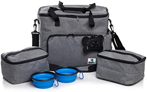 CoziPet Pet Travel Bag Tote for Dog or Cat with 2 Food Carriers and 2 Collapsible Bowls