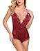 ADOME Women Lingerie Bodysuit V Neck Teddy Lace Babydoll Satin Pajamas Nightwear (M, Wine Red)