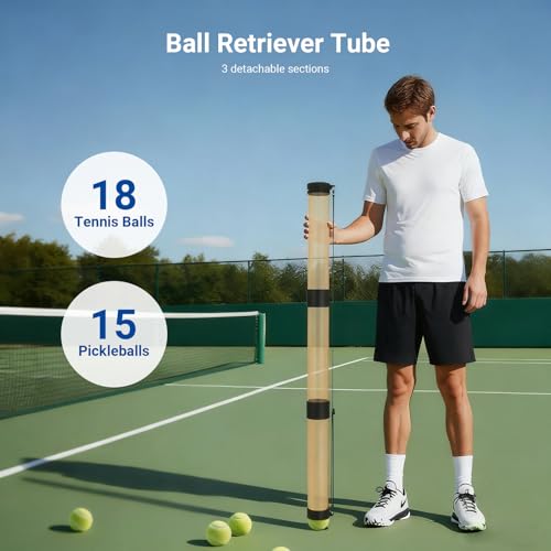 NEEWER Ball Retriever Tube Hopper for Tennis Balls & Pickleballs, Detachable Section No Bending Pickup Picker Upper Collector with Stopper & Shoulder Strap