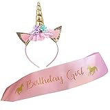 Unicorn Headband and Birthday Girl Sash Set, Gold Glitter Unicorn Horn & Pink Satin Sash for Unicorn Birthday Girl Set Happy Birthday Party Supplies Favors and Decorations