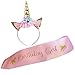 Unicorn Headband and Birthday Girl Sash Set, Gold Glitter Unicorn Horn & Pink Satin Sash for Unicorn Birthday Girl Set Happy Birthday Party Supplies Favors and Decorations