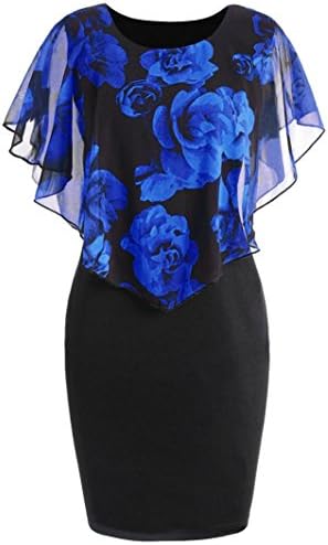 Nmch Plus Size Dress Fashion Womens Casual Ruffles O-Neck Rose Print Chiffon Bodycon Mini Dress, Blue