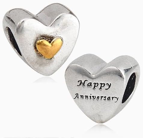 Happy Anniversary Love Heart Charm - 925 Sterling Silver - Fit DIY Charms Bracelets