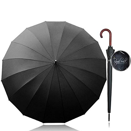 Royal Walk Groà XXL 54 inch Automatik Reise Golf Regenschirm für Damen und Herren Sturmfest Windsicher Leicht Klassisch für 2 Personen Holzgriff Wasserabweisend 16 Rippen Unisex 120cm (Schwarz)