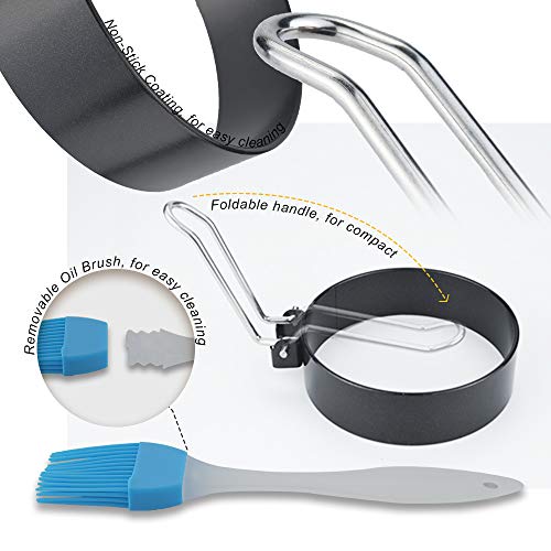 Non-Stick Egg Rings with Folding Handles, Round Pancake Mold Shaper Circles, Egg Fry Ring Set for Fried Egg McMuffin Sandwiches Breakfast, with Oil Brush Finger Clip and Dishcloth