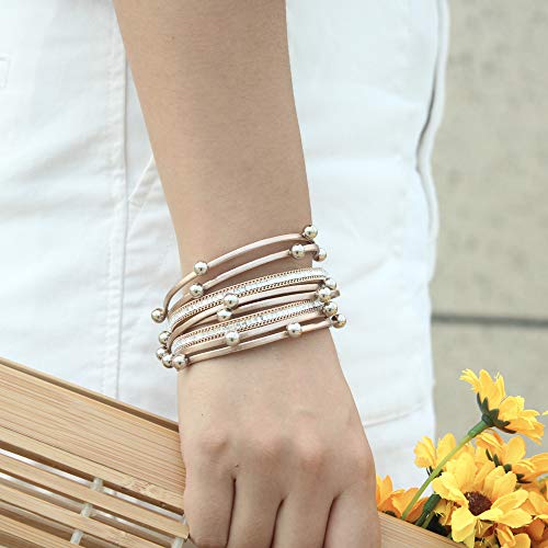 FANCY SHINY Bead Leather Bracelet Boho Wrap Bracelet Layered Rhinestone Cuff Bracelet with Magnetic Clasp,7.5"(Rose Gold)