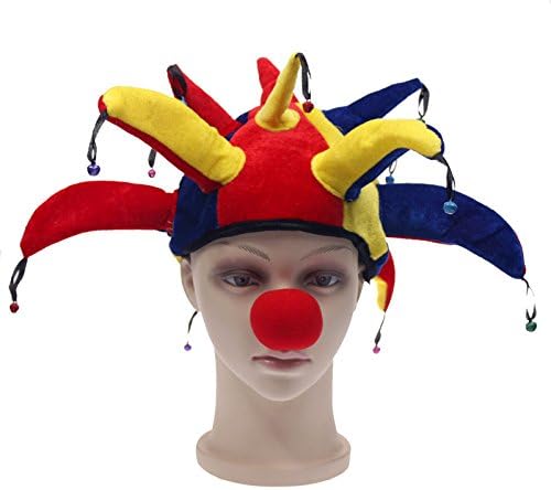 Idealgo Funny Multicolor Clown Hat with Clown Noses One Set Halloween Party Supplies Festival Party Jester Clown Bell Party Costume Hat Clown Joker Hat Cap Makeup Prop Accessories Costume Activity