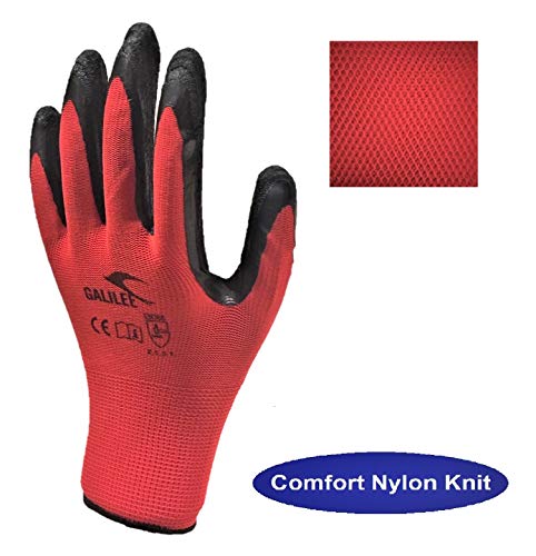 Nitrile Latex Rubber Palm Coated Safety Work Gloves, Nylon Knit, Textured Grip (10 Pair Pack, Red, Size 9 Large) - Thumbnail 2
