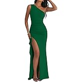 LAGSHIAN Women's Elegant Maxi Dress One Shoulder Sleeveless High Split Ruched Wedding Guest Long Dress