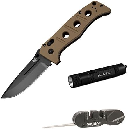 Benchmade 275BKSN Adamas Plain Edge BK Coated Blade Folding Knife with Compact Keychain LED Flashlight and Pocket Pal Knife Sharpener