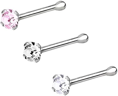 Set of 3 Nose Piercing Studs: Sterling Silver 3mm CZ Nose Piercing Jewelry Clear, Pink & Lavender