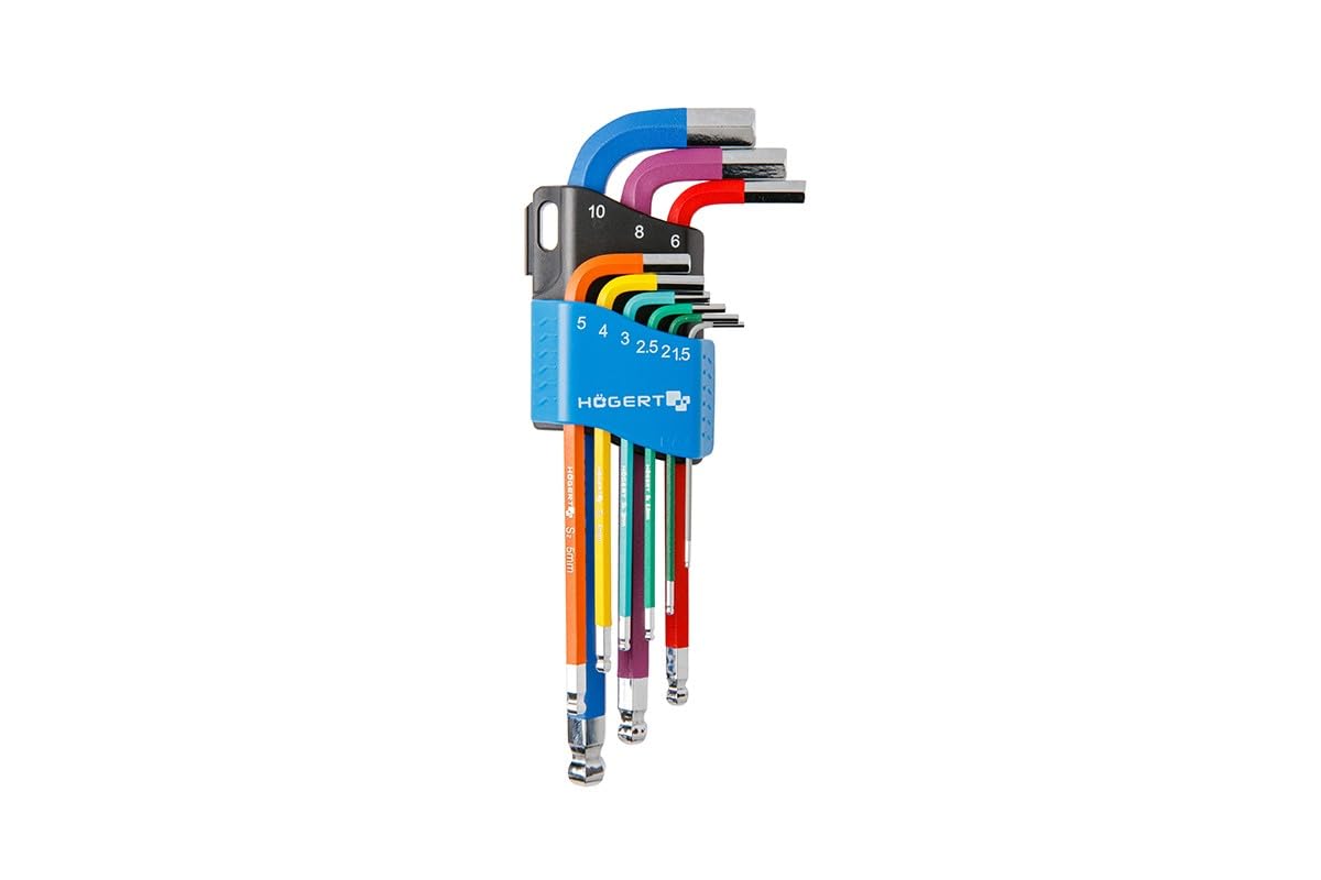 Högert Technology - Hex Key Set I Set of 9 I Sizes T1.5 to T10 I Made of High-Quality S2 Steel I Resistant to Deformation and Abrasion I Standard DIN 911 I Long I Multicoloured