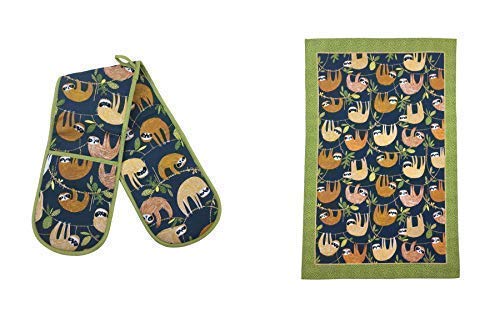 Sloths Hanging Around Branches Blue Green Cotton Double Oven Gloves & Tea Towel