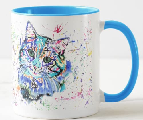 Vixar Cat Blue Feline Pet Watercolour Rainbow Art Coloured Mug Cup Gift Birthday Work Office Christmas Tea Coffee (Blue)