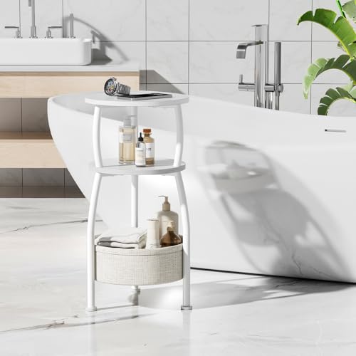 Yuede Round Side Table, 3 Tier Bedside Table, Small End Table with Fabric Basket, Coffee Table for Living Room, Bed Room, Small Space, Easy Assembly (White)