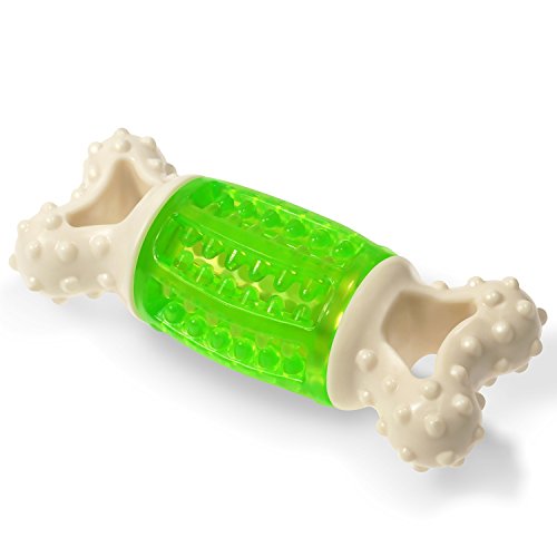 Fluffy Paws 5.6" Durable Squeaky Bone-Shaped Rubber Dental Chewing Biting Pet Toy, Green/White