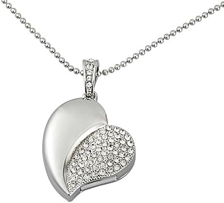 WooTeck 16GB Crystal Asymmetric Heart Shape Jewelry USB Flash Memory Drive with Necklace,Silver