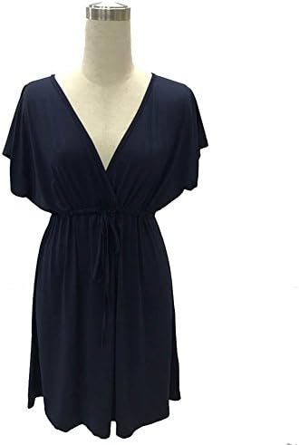 Women's Wide Cuff Short Sleeve Low Cut V-neck A-line Mini Dress Darkblue 4XL