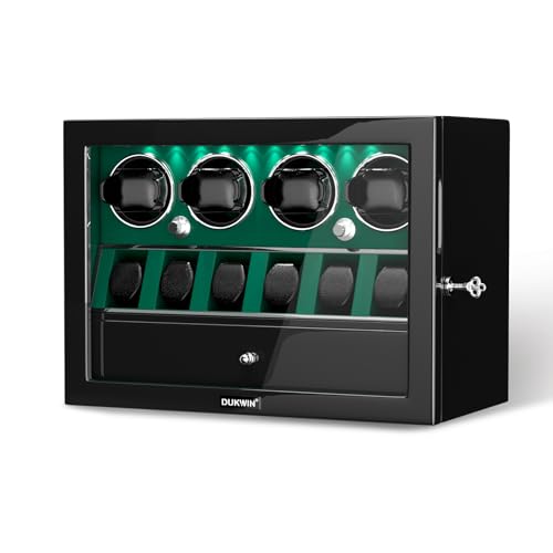 DUKWIN Watch Winder for 2/4/6/8 Automatic Watches with Key Lock, 3/6 Extra Watch Storages,4 Rotation Modes, LED Light, Super Quiet Motor, Spring Watch Pillows for Men＆Women