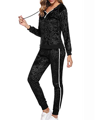 Hawiton Women's Velvet 2 Piece Tracksuit Long Sleeve Hoodie Sweatshirt and Pants Set Sweatsuit Sportswear Black