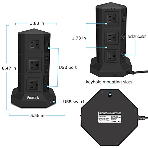 Tower Power Strip Surge Protector 12 AC Outlets with 6 Ports USB Chargers Black-Powerjc