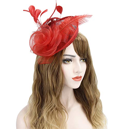 Acecharming Fascinators for Women, Feather Sinamay Fascinators with Headbands Tea Party Pillbox Hat Flower Derby Hats(Red-02)