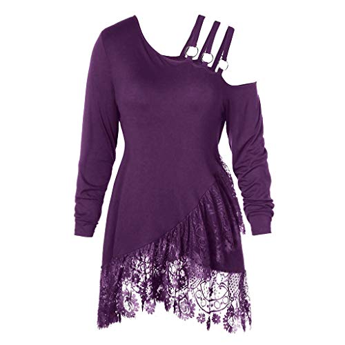 Willow S Women Fashion Casual Sexy Plus Size Lace Irregular Skew Collar Belt Loose T-Shirt Tops Blouse