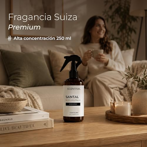 SCENTIVA Room Spray Santal 250 ml | Aromatizante Premium para Hogar y Telas | Fragancia Suiza Amaderada con Almizcle y Ámbar | Spray Ambiental para Sala, Recámara, Baño y Oficina (Santal)
