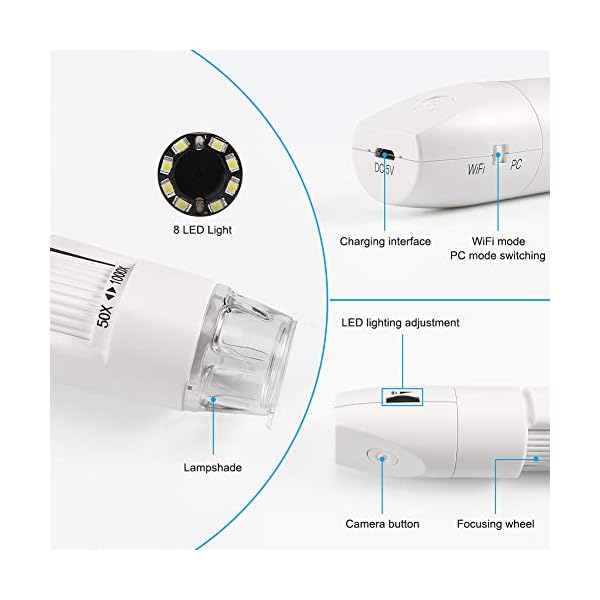 WiFi Digital Mikroskop,KNMY Drahtloses Digitales Mikroskop 50-fache bis 1000-fache Vergrößerung,8 Einstellbare LED… – Bild 6