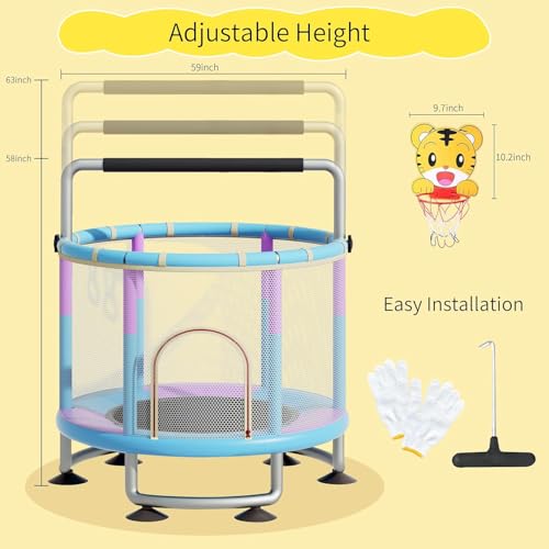 5-in-1 Toddler Trampoline for Kids, Upgrade 60"Trampoline for Toddler Indoor Outdoor, Trampoline with Safety Enclosure Net and Swing, Ocean ball, Children's sandbag