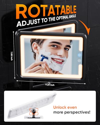 eeuuty Heated Shower Mirror Fogless for Shaving (Gen 3) - 3 Colors Stepless Dimmable Lights, Anti-Fog Shaving Mirror with Razor Holder, No-Drilling, Removable - Black