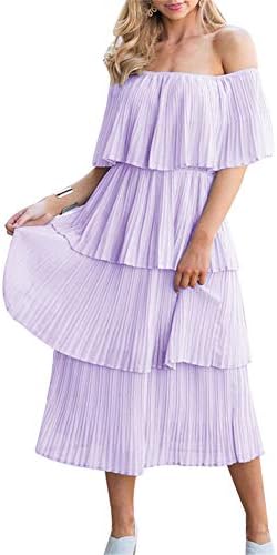 ETCYY NEW Women's Off The Shoulder Sleeveless Tiered Ruffle Pleated Casual Midi Dress