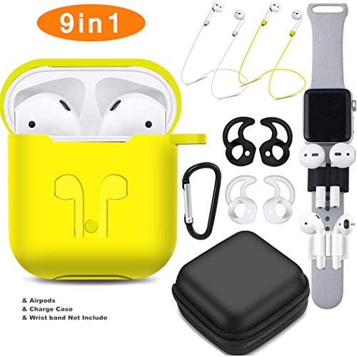 AirPods Case 9 In 1 Airpods Accessories Kits Protective Silicone Cover and Skin Compatible Apple Airpods Charging Case with Airpods Ear Hook/Tips/Airpods Strap/Clip/Watch Band Holder/Zipper Box YELLOW