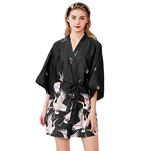 CofeeMO Birds Print Kimono Bathrobe 3/4 Sleeve Silk Satin Wrap Pajamas,Women's Fashion Sleepwear(Black,M)