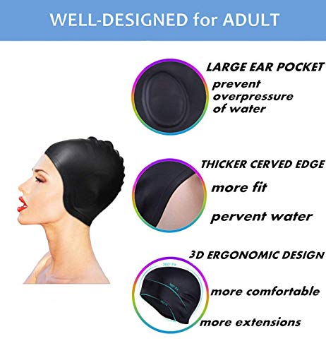 Hurdilen Swim Cap, Premium Silicone Swimming Cap with Earplugs & Nose Clips,3D Ergonomic Design Ear Pockets,Flexible Reversible for Adults Women Men (Black)