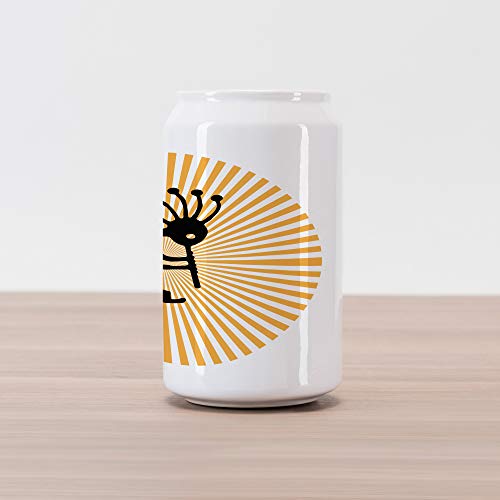 Lunarable Kokopelli Cola Can Shape Piggy Bank, The Fertility Deity Kokopelli Dancing on Abstract Sun Background Illustration, Ceramic Cola Shaped Coin Box Money Bank for Cash Saving, Yellow Black