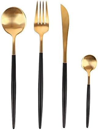 AECHOO Cutlery Set 4 Pieces Dinner Fork Spoons Steak Knife Dessert Tea Coffee Spoon 18/10 Stainless Steel Luxury Tableware for Home Restaurant Hotel (Gold with Black Handle)