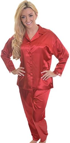 Luxurious Ladies Satin 2 Piece PJ Set with Lace Trimmed Cuffs, Red
