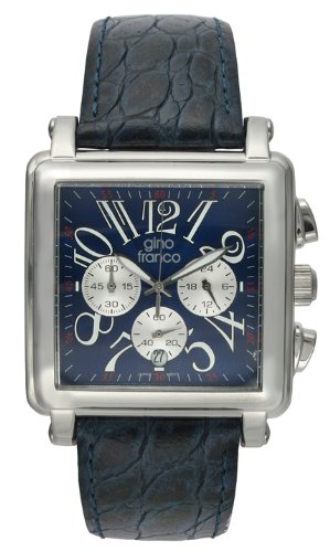 gino franco Men's 942BL Square Chronograph Stainless Steel Genuine Leather Strap Watch