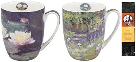 2 Coffee or Tea Mugs, Monet Water Lilies in a Matching Box Bundle with 1 Package of 6 Tea Bags