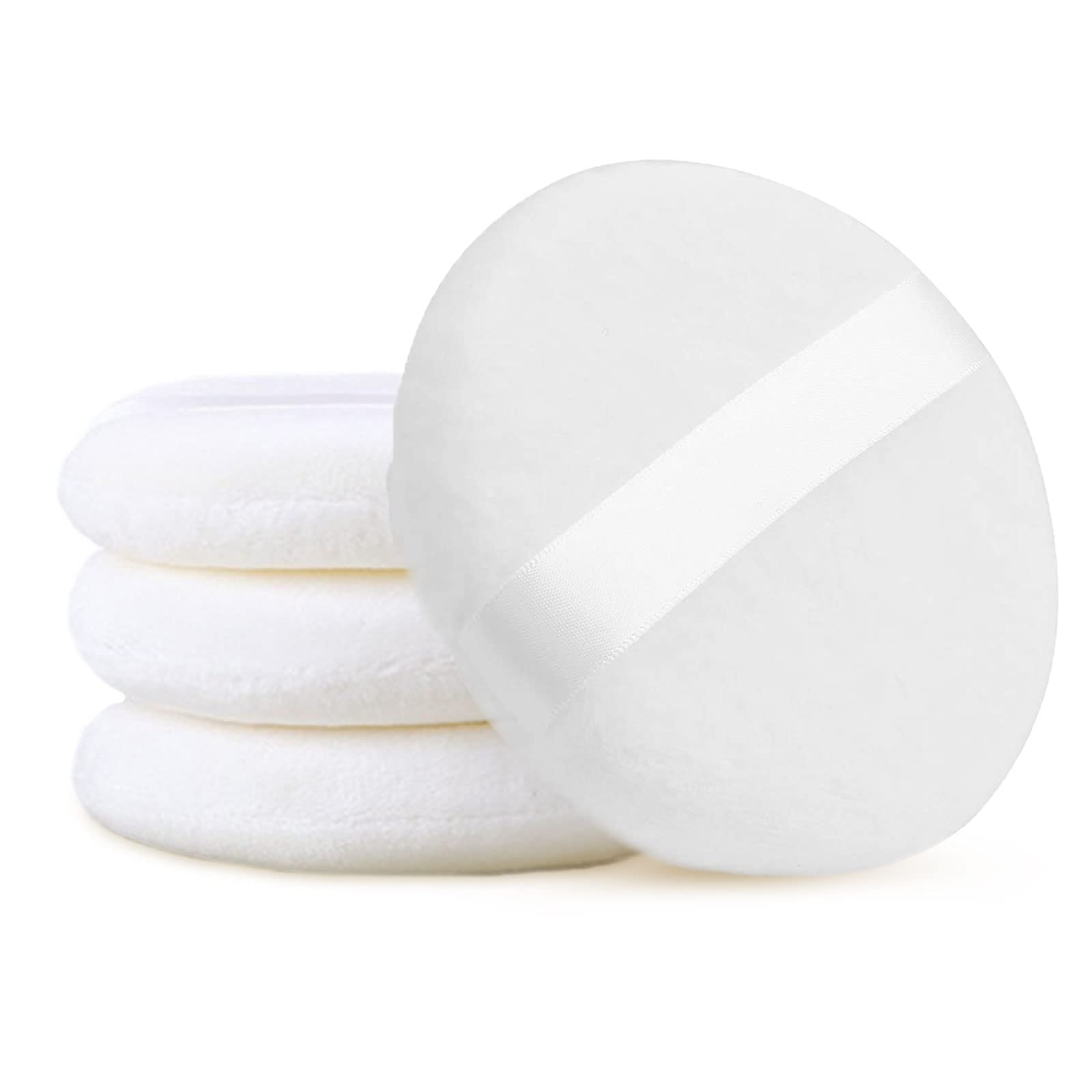 TSHAOUN 4 Pcs Powder Puff For Body Powder Loose Powder,4.13 inch Ultra Soft Large Round Velour Smooth Apply Puff,Washable Velour Puff & Reusable Puf,With Ribbon Band Handle White (4 Pcs)