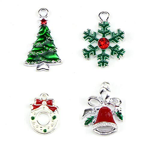 20 Pcs Assorted Enamel Charm Pendant Silver Plated Christmas Tree Snowflake Garland Bell Dainty Dangle Crafting Accessories Decorations for Necklace Bracelet Ankle Earring Jewelry DIY Making