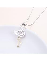 FLYOW Collar con colgante de pájaro de dos tonos de plata de ley 925 rosa flamenco corazón collar para mujeres niñas regalo de cumpleaños