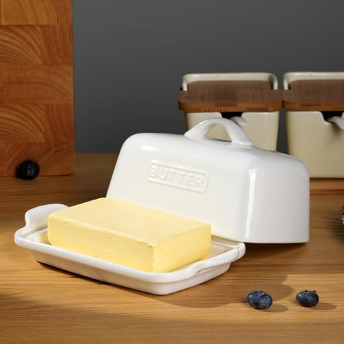 JSHKY Large Butter Dish with Lid Fits 500g or 250g Butter Block, White | Porcelain Butter Container for Countertop, Butter Storage, Gift for Mother’s Day, Thanksgiving or Christmas