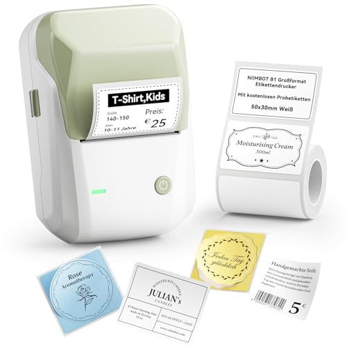 Niimbot B1 Etikettendrucker Mit Wasserfeste Etiketten Selbstklebend, Tragbarer Beschriftungsgerät Bluetooth Label Printer Aufkleber Drucker Für Schulbedarf, Barcode, Logo, Adresse, Grün